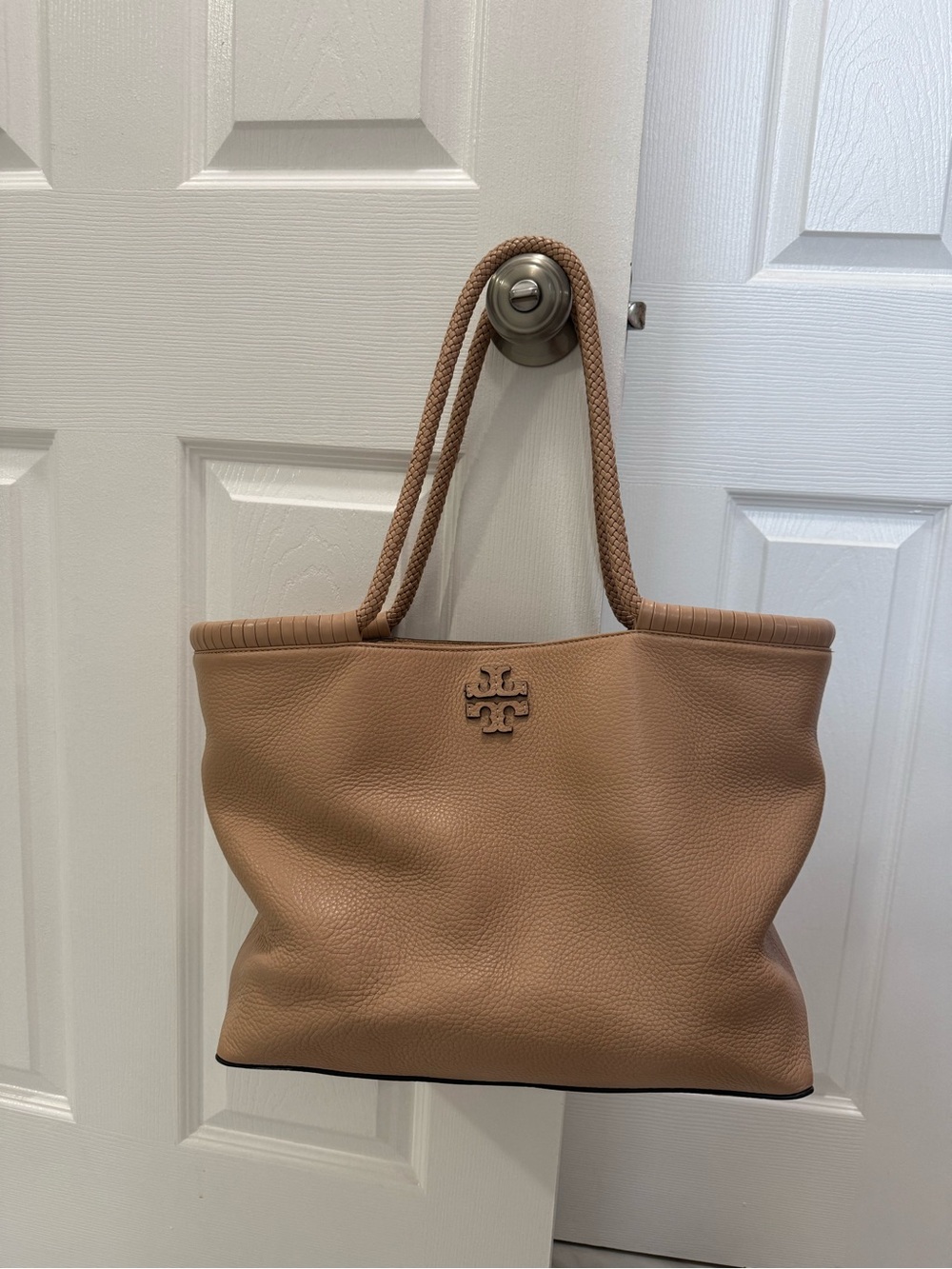 Tory Burch Camel Pebbled Leather Tote with Braided Handles - Taylor Tote